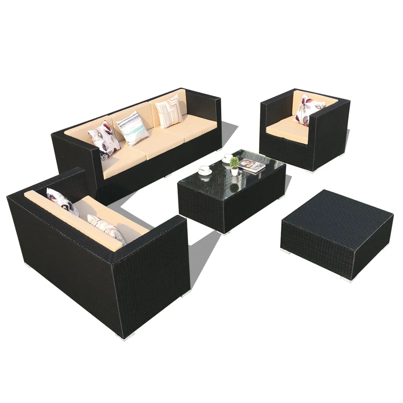 Outdoor-Rattan-Sofa, regen- und Sonnenschutz-gewebtes dreiteiliges Set, Teetisch-Kombination, Gartenmöbel