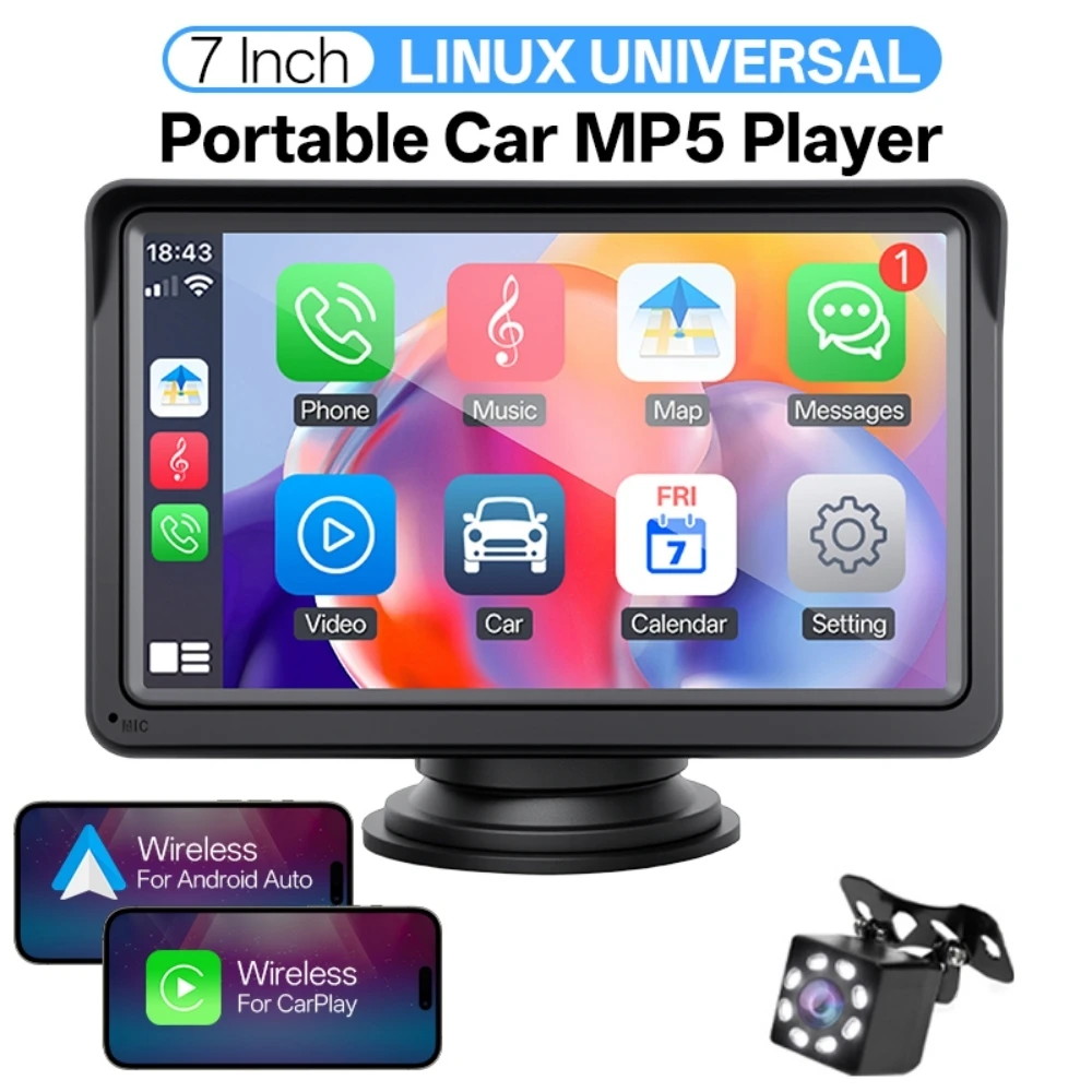 Hippcron 7-Zoll-Autoradio, Multimedia-Videoplayer, kabelloses Carplay und kabelloses Android Auto, tragbarer universeller Touchscreen Image