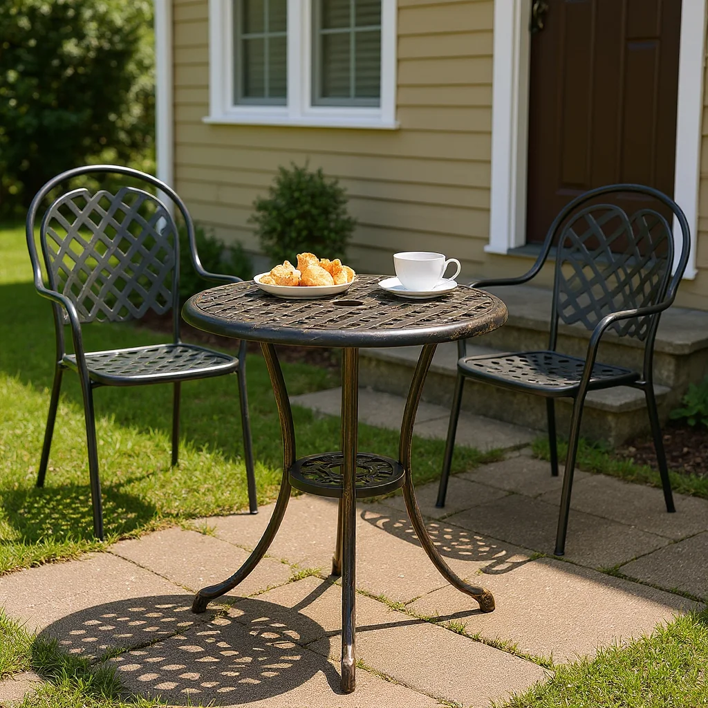 23,6-Zoll-Terrassen-Esstisch, Bistrotisch aus Bronzgussaluminium mit Schirmloch für den Außenbereich, Deck, Hinterhof, Garten, Balkon