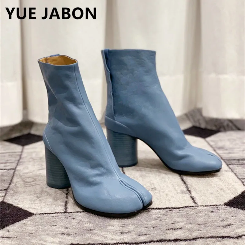 Blaue Neue Damen Split-Toe Stiefeletten aus Echtem Leder mit Rundem Absatz Kurze Damenschuhe Ninja Tabi Stiefel Damenschuhe