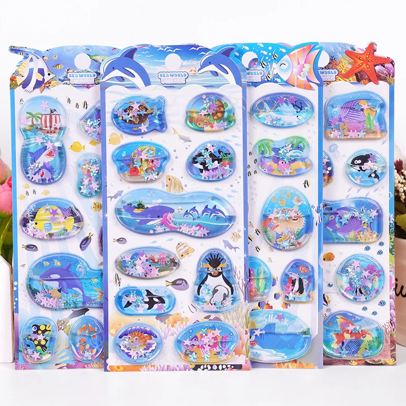 1–6 niedliche 3D-Flüssigkeitsaufkleber, Meeresbewohner, Wasserschüttelaufkleber, Vergnügungspark, Erlösung, kleine Geschenke, Studentengeschenke Image