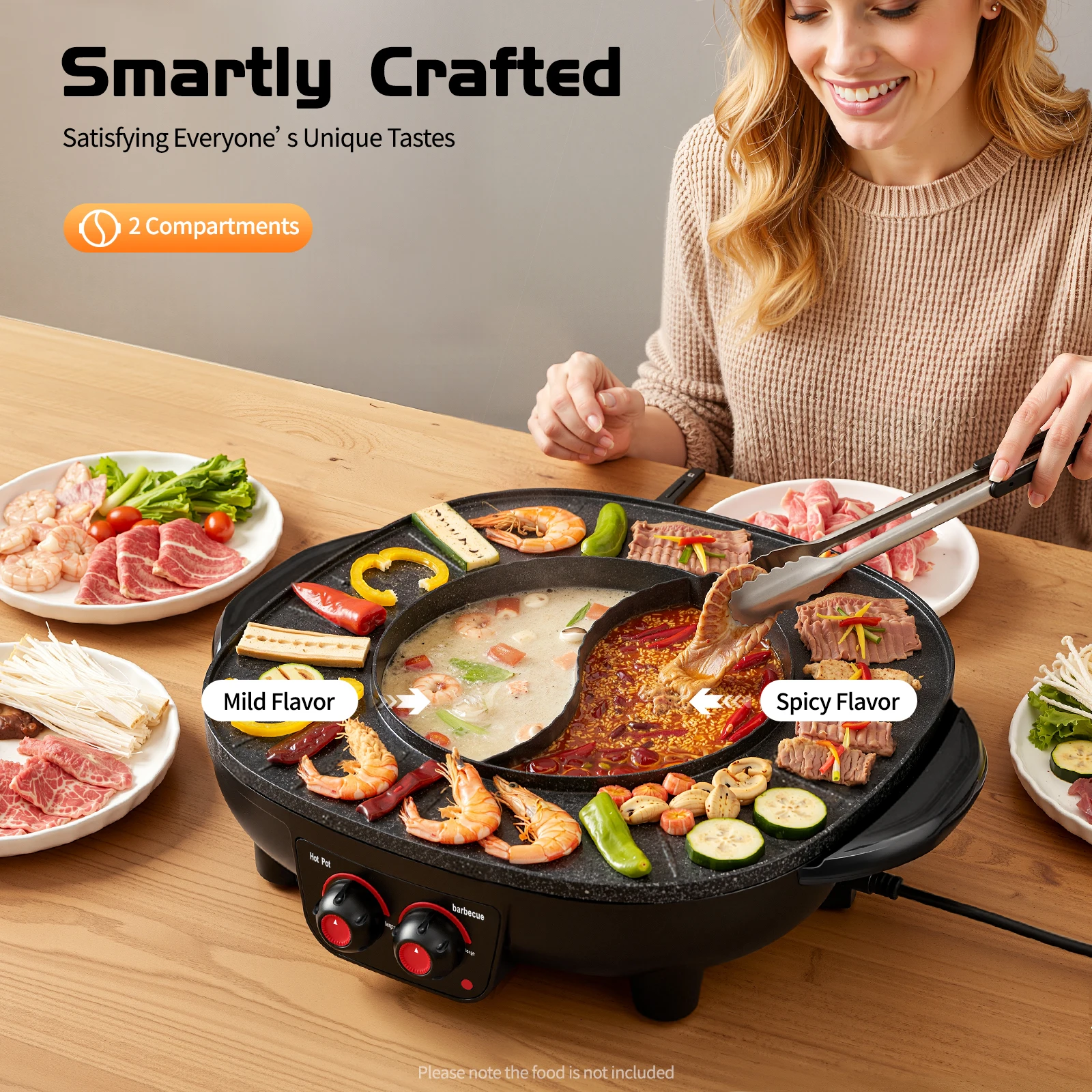 2-in-1 Hot Pot und Grill, Multifunktionaler Hot Pot und BBQ-Tischgrill, Antihaftbeschichtet, Rauchfrei, Temperatur Einstellbar Image