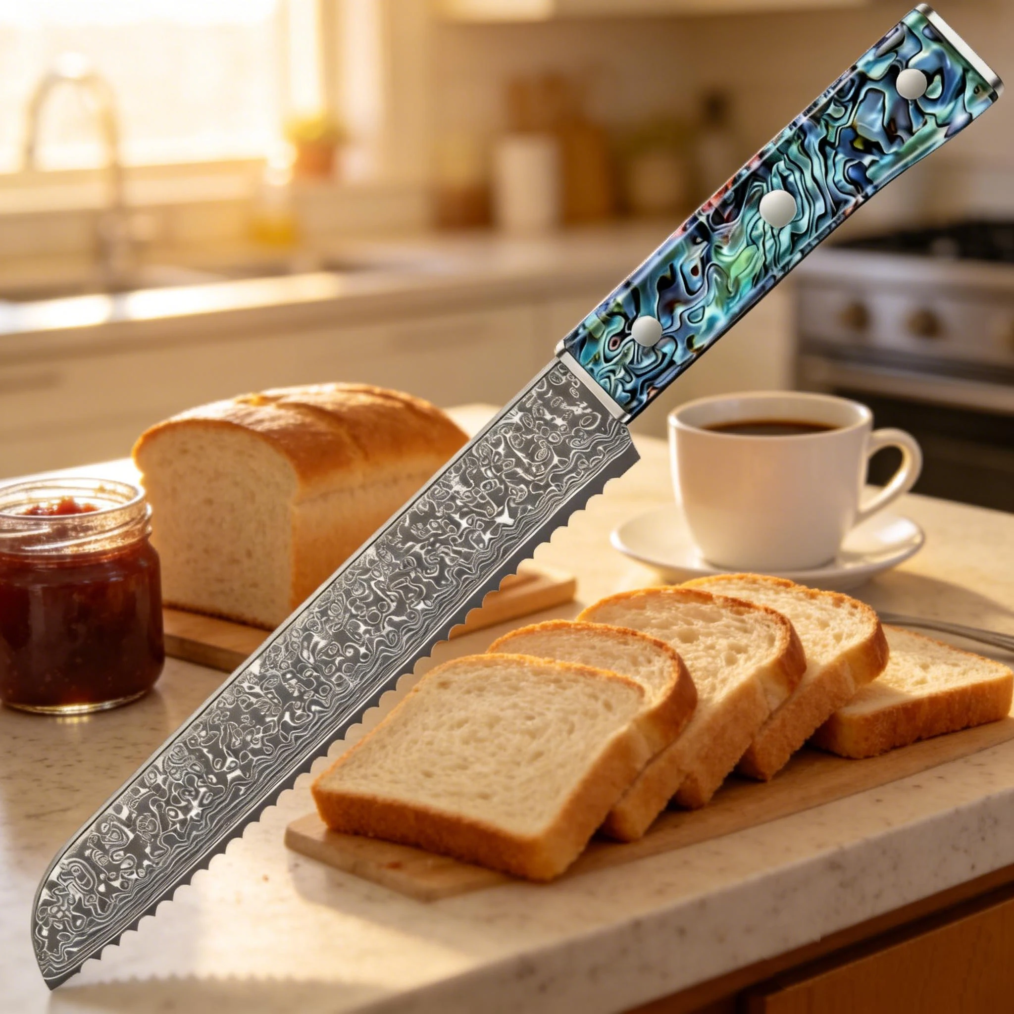 SAEIV Brotmesser, Küchenmesser aus Damaszener Stahl, VG10-Stahlkern, gezahnte Klinge, geeignet zum Schneiden von Brot, Backwerkzeug Image