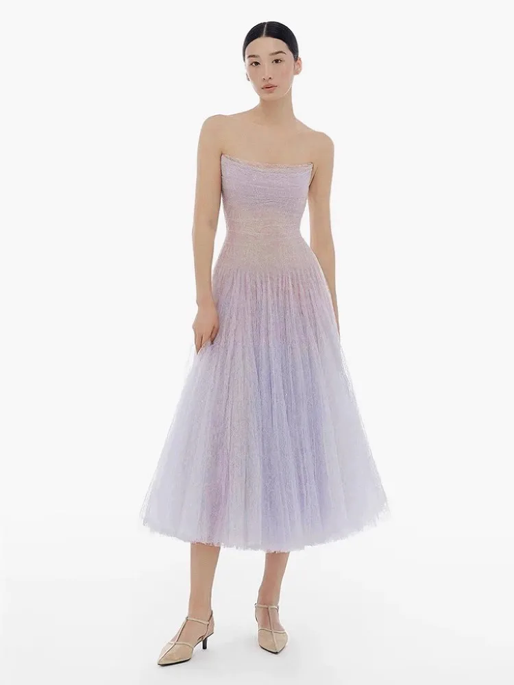 Licht Lila Elegante Mesh Kleid Frauen Slash Neck Sommer Urlaub Party Chic Vestidos Bodycon Streetwear Chic Tuch Dame