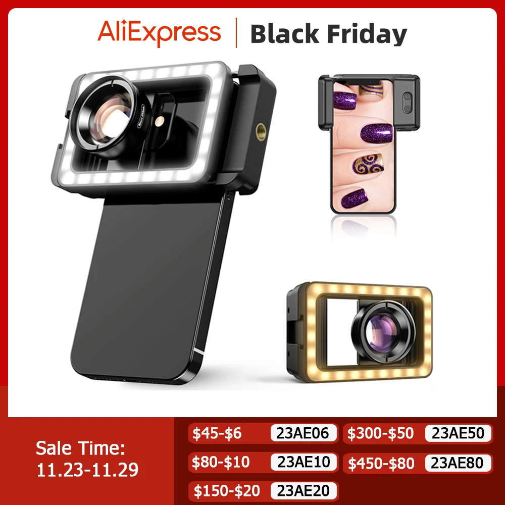 APEXEL Neue verbesserte 4K HD 100 mm Makroobjektiv mit LED-Fülllicht, Universalklemme, Mikroobjektive für iPhone, Samsung, alle Smartphones Image