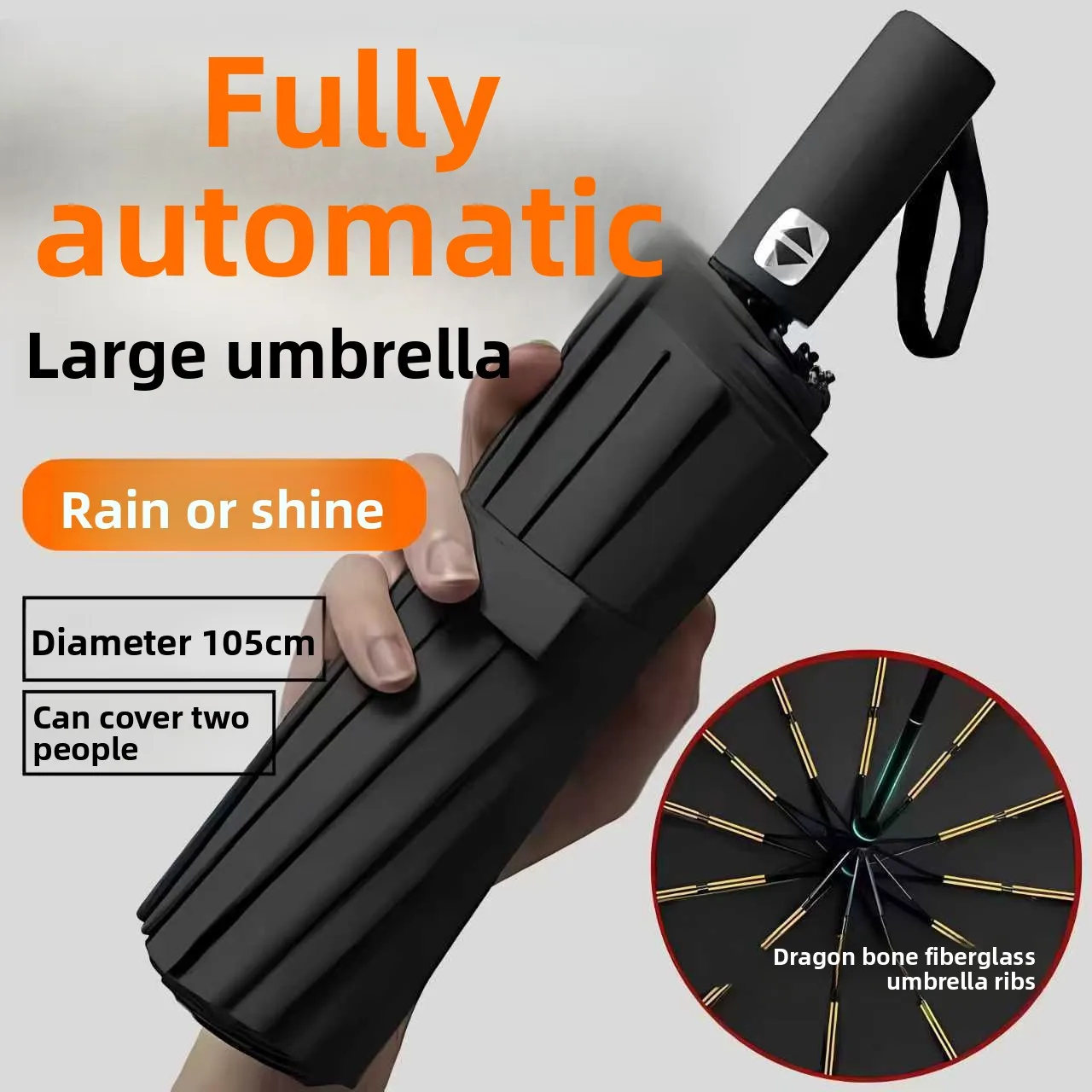 12-Strang-Regenschirm mit schwarzem Kleber, vollautomatisch, mit dickem und robustem Kiel, dreifach faltbar, UV-beständig. Image