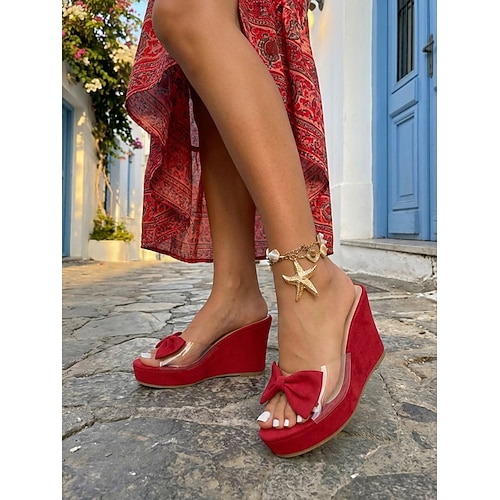Leuchtend rote Keilsandalen für Damen – elegante Plateau-Sandalen mit transparentem Riemen Schleifendetail für Sommerurlaube, Strandresorts tropische Outdoor-Urlaubsziele Image