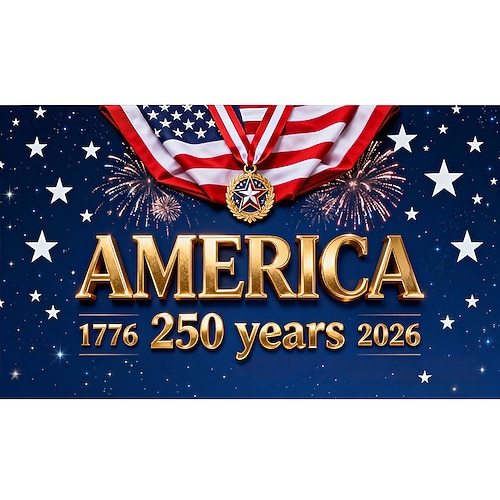 Luxuriöser Gedenkbanner zum 250. Jahrestag der USA mit Sternenglanz-blauer und goldener Folienbeschriftung, Flaggen- und Medaillenmotiv für die Feierlichkeiten zum Unabhängigkeitstag. Image