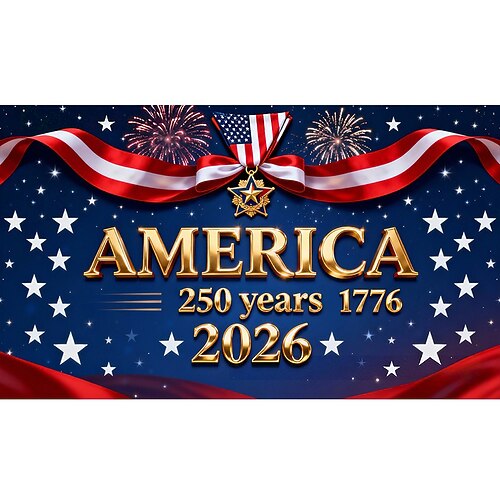 Luxuriöser Gedenkbanner zum 250. Jahrestag der USA mit Sternenglanz-blauer und goldener Folienbeschriftung, Flaggen- und Medaillenmotiv für die Feierlichkeiten zum Unabhängigkeitstag. Image
