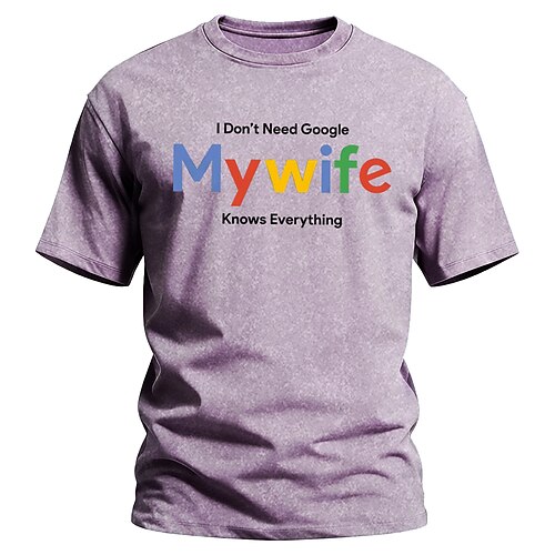 Herren-T-Shirt mit dem witzigen Spruch „Ich brauche keine Suche, meine Frau weiß alles" – Acid-Wash-Vintage-Design, normale Passform, Geschenk für den Ehemann, Alltagskleidung, Designer-Bekleidung, Image