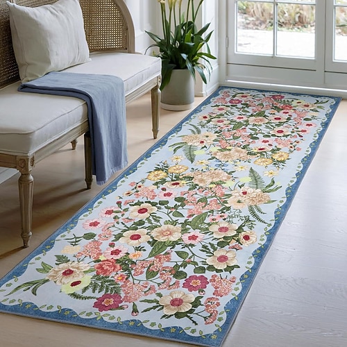 Läuferteppich aus floralem Kunstkaschmir, rutschfest, für Wohnzimmer, Balkon, strapazierfähig und leicht zu reinigen, auch als Bettvorleger geeignet. Image