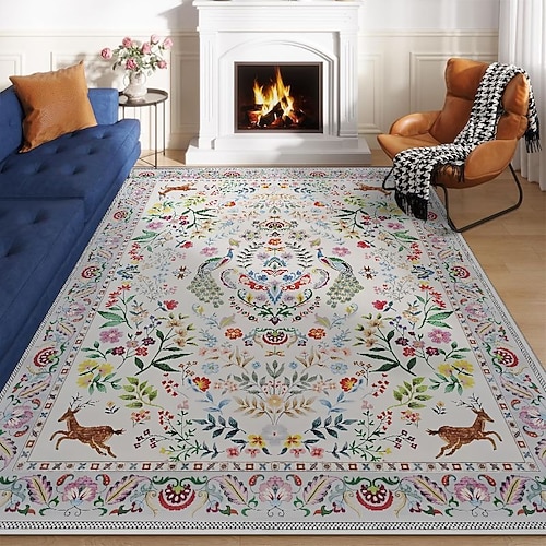 Vintage-Blumenmuster-Teppich, vollflächig, rutschfest, strapazierfähig, pflegeleicht, maschinenwaschbar, für Wohn- und Schlafzimmer Image