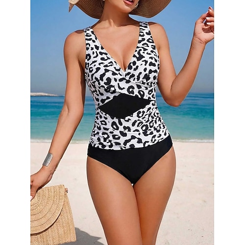 Damen Badeanzug Einteiler Monokini Bademode Bauchkontrolle Hohe Taille Schlank Rückenfrei Urlaub Strandbekleidung Ombre Leopard V Ausschnitt Ärmellos Badeanzüge Image