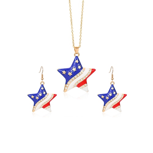 Damenschmuck-Set aus Halskette und Ohrringen aus einer Legierung, verschiedene Herz- und Sternmotive, patriotischer Schmuck, perfekt für den 250. Jahrestag der Unabhängigkeit, den Unabhängigkeitstag und den Alltag. Image