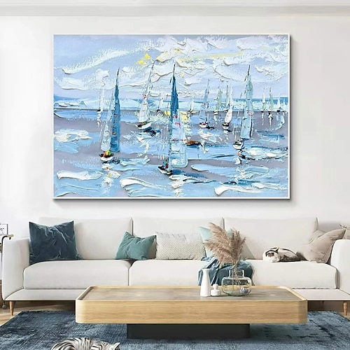 Abstraktes Segelboot-Ölgemälde auf Leinwand, großes Original-Wandbild in Orange, gerahmt, strukturiertes Segelboot-Acrylgemälde, moderne Wanddekoration Image