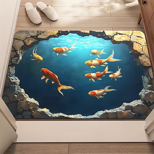 Fußmatte mit Koi-Teich-Motiv: 3D-Optik, 2D-Flachdruck mit realistischem, rissigem Bodendesign und schwimmenden Koi-Fischen – langlebig und ein echter Hingucker für Ihren Eingangsbereich. Image