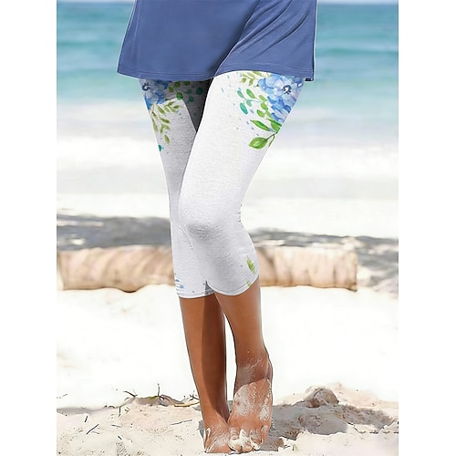 Damen Caprihose Leggings Urlaub Stilvoll Klassisch Wadenlang Mittlere Taillenlinie Blumen Grafik Druck Komfort Bequem Dehnbar Outdoor Urlaub Straße Weiß Blau Grün Sommer Frühling Schmale Passform Image