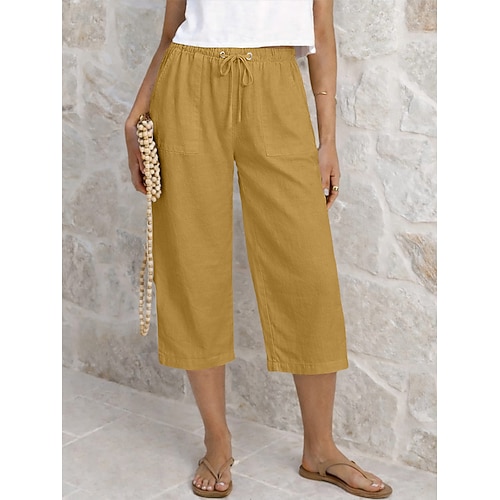 Damen Caprihose Sommershorts Abgeschnittene Hose Caprihose aus Leinen Mode Basic Wadenlang Mittlere Taillenlinie Einfach Kordelzug Tasche Elastischer Bund Leicht Atmungsaktiv Unelastisch Urlaub Image