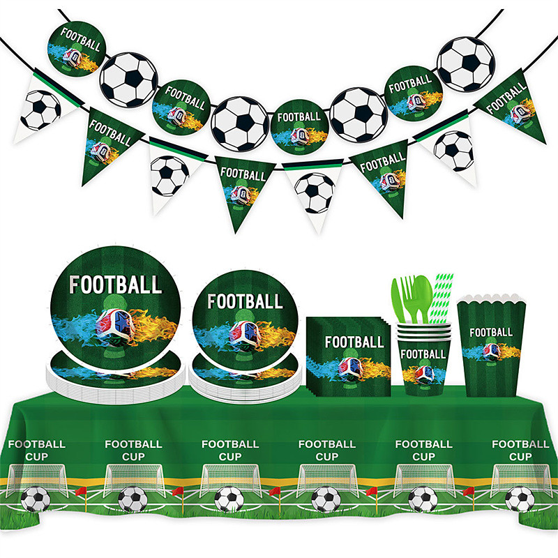 Soccer Party Supplies for 10/20/30 Guests, Football Theme Tableware Set with Plates Napkins Cups Tablecloth Banner Popcorn Buckets Cutlery, Disposable Sports Decorations for Birthday Game Day
