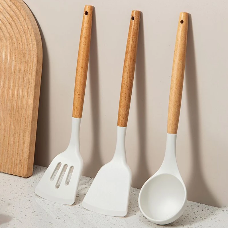 Outils de cuisine en Silicone, manche en bois, ensemble d'ustensiles de cuisine, Pot antiadhésif, manche en bois, cuillère en Silicone, ensemble d'ustensiles de cuisine