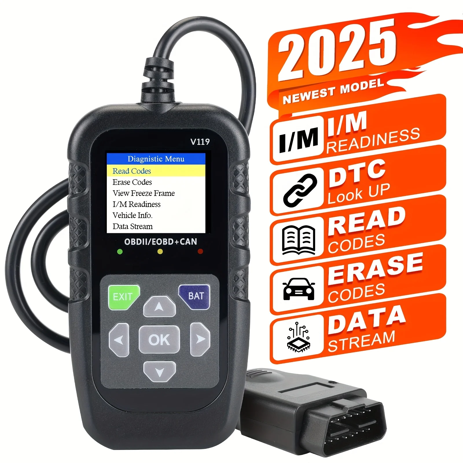 Lecteur de codes OBD2, outil de diagnostic automobile, lecteur de codes de panne du moteur, utilisé pour effacer les codes CEL, avec données en temps réel/cadre congelé/préparation I/M, adapté à
