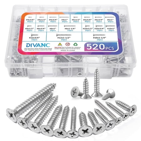 520Pcs Stainless Steel Wood Screws Set #4#6#8#10#12 Phillips Flat Head Sheet Metal Screws Self Tapping Wood Screws Assortment Kit Length 3/8 to 1-1/2 (Flat Head 520PCS)