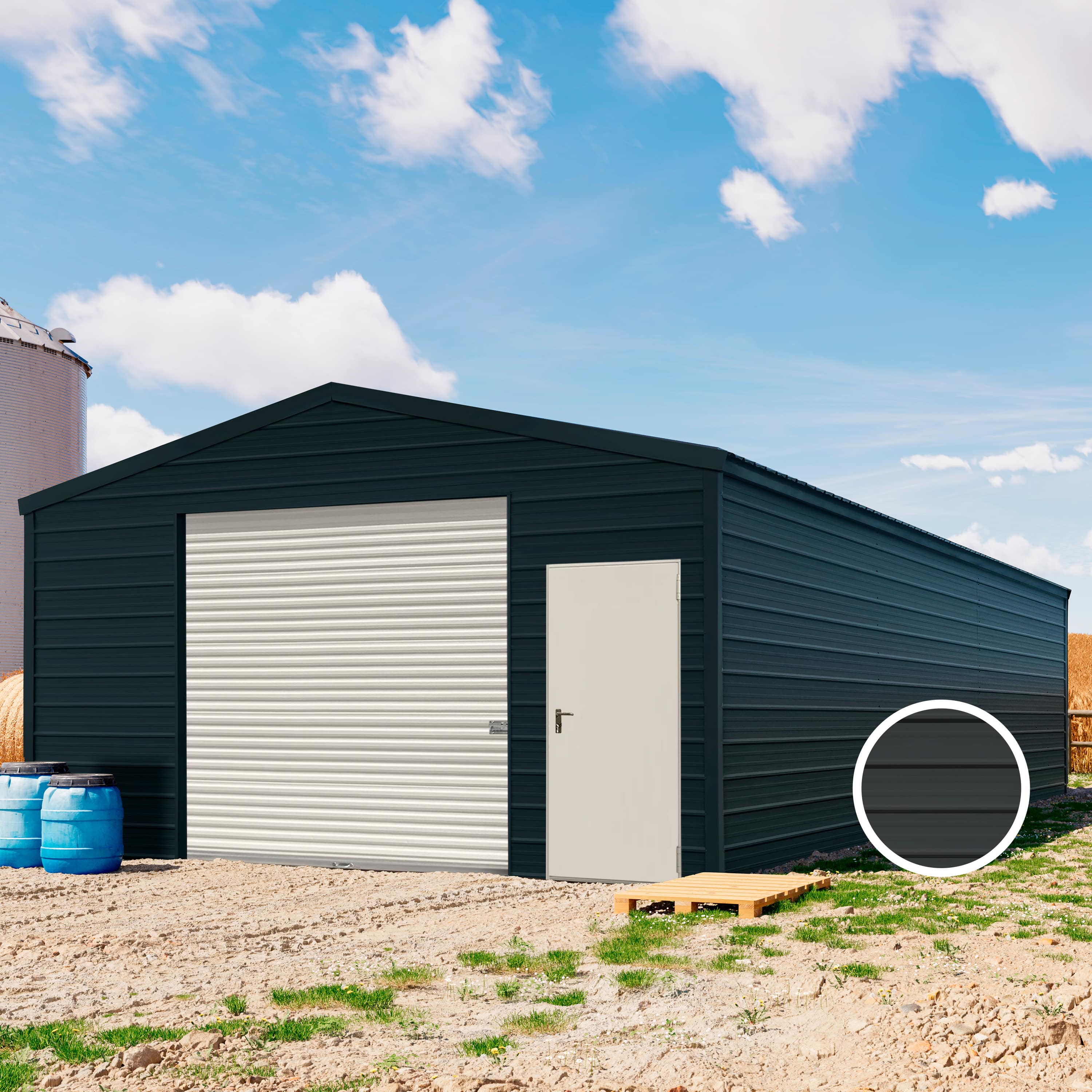 5,7 x 12,2 m ARGO, Stahldach, Leichtbauhalle, Trapezblechverkleidung, Anthrazit, mit Statik (Betonuntergrund), mit Motor und Regenrinne - (KROV00078) Image