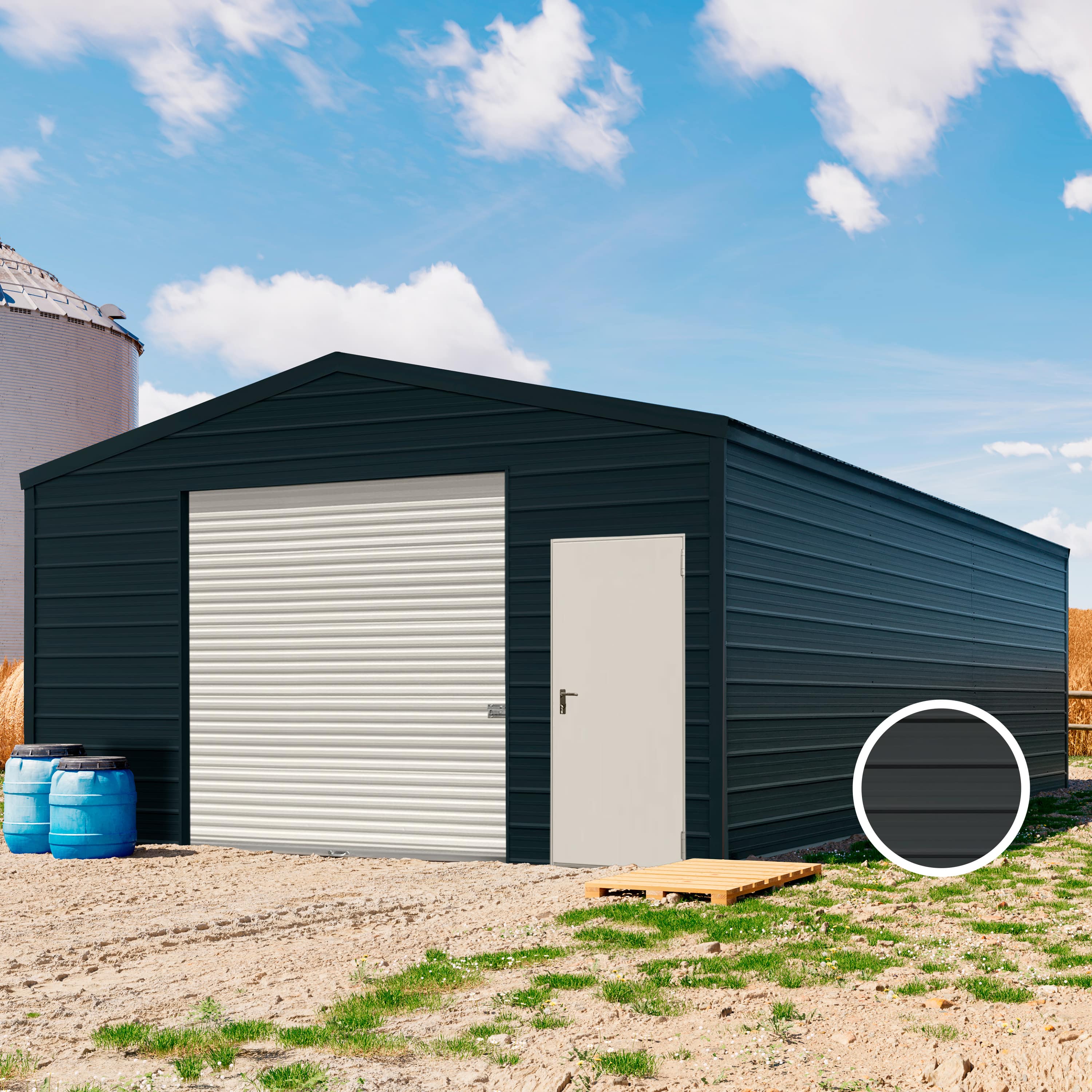 5,7 x 9,2 m ARGO, Stahldach, Leichtbauhalle, Trapezblechverkleidung, Anthrazit, mit Statik (Betonuntergrund), ohne Setangebot - (KROV00006) Image