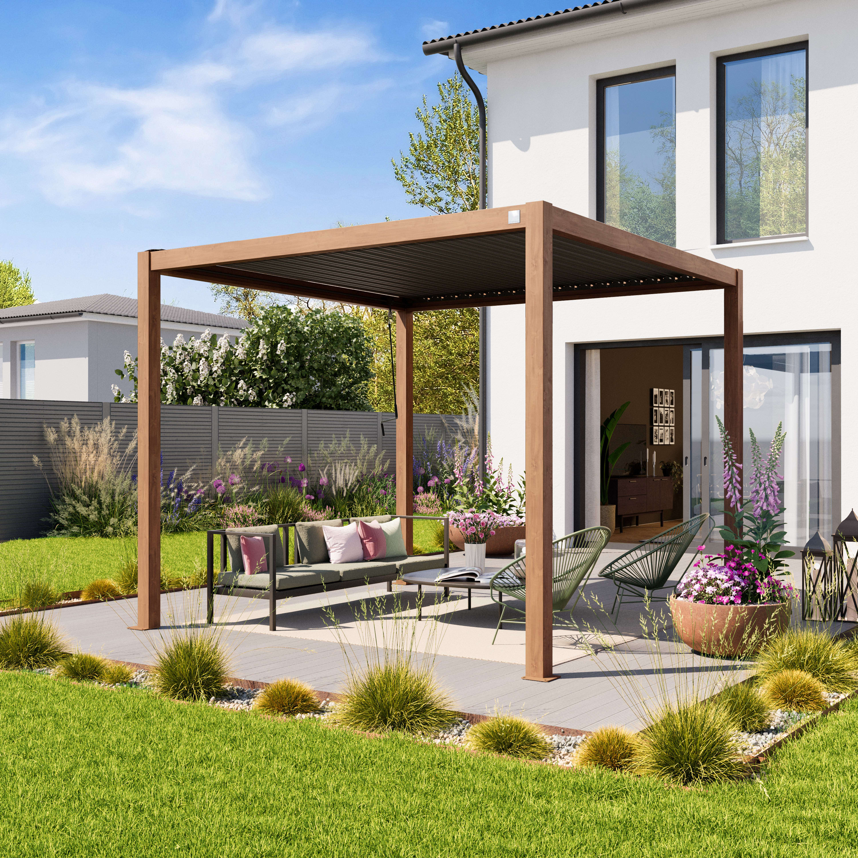 3x3m Pergola in Holzoptik; mit Lamellendach in Perlgrau - (400106) Image