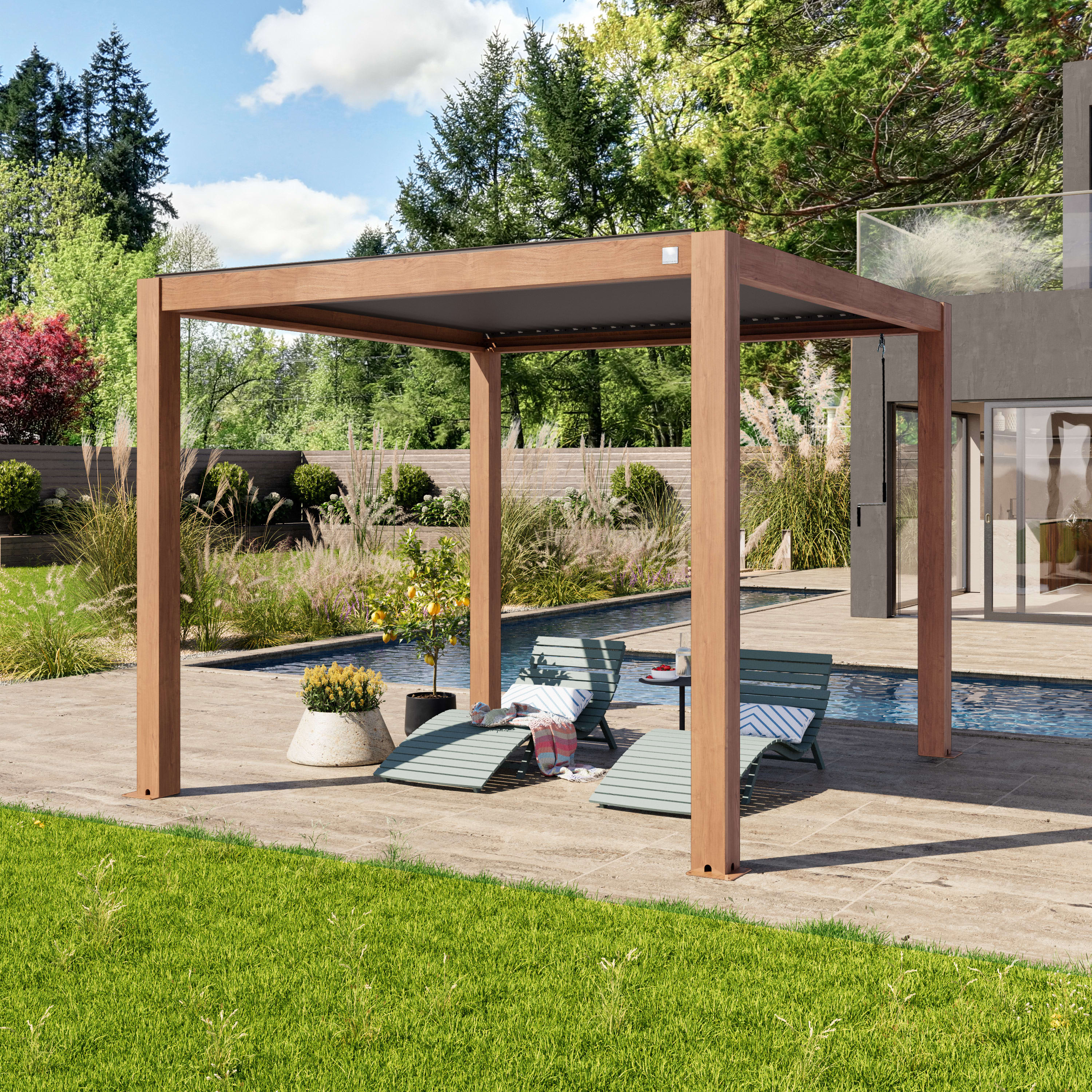 3x3m Pergola in Holzoptik; mit Lamellendach in Perlgrau - (400115) Image