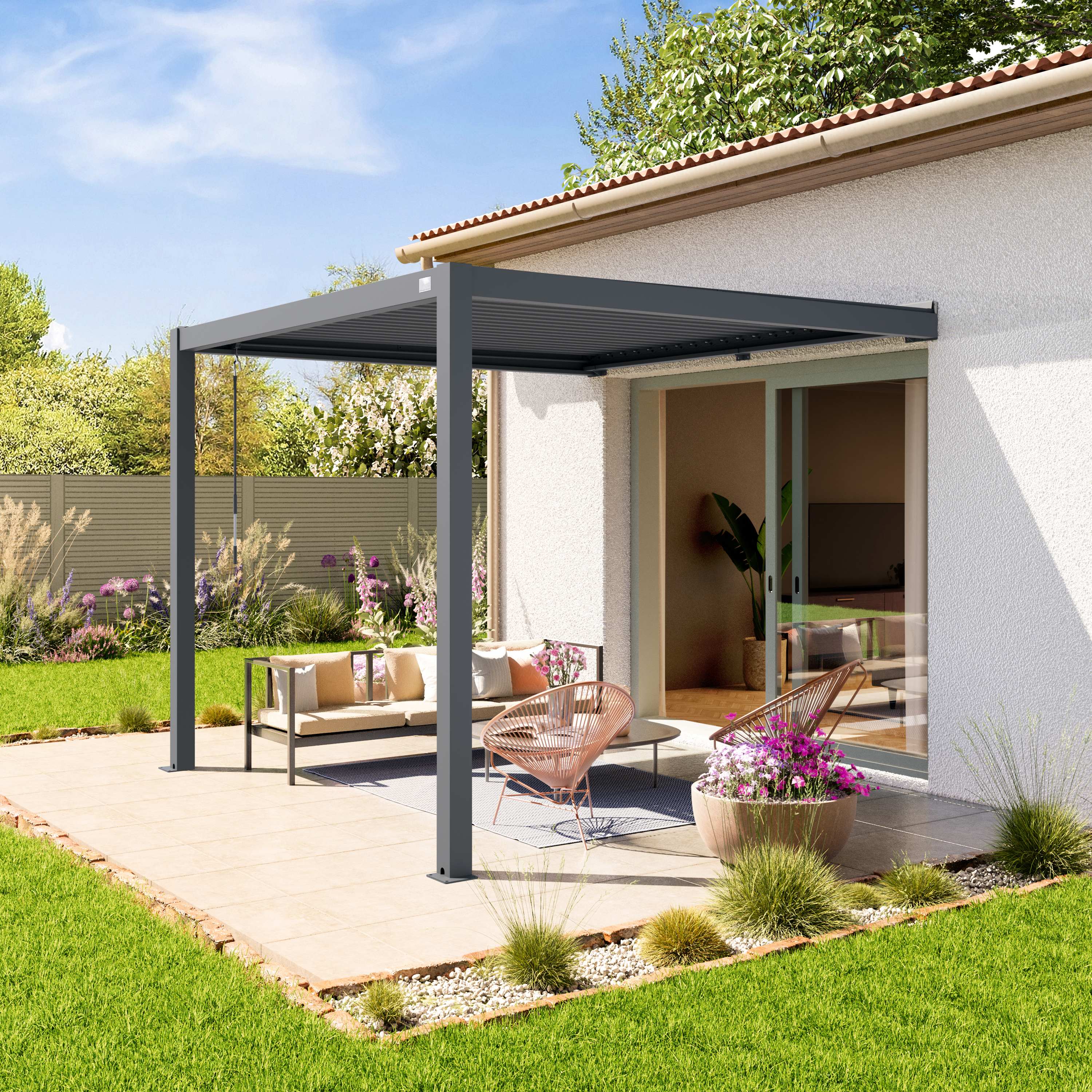 3x3 Anbaupergola in Anthrazit, mit Lamellendach in anthrazit - (400136) Image