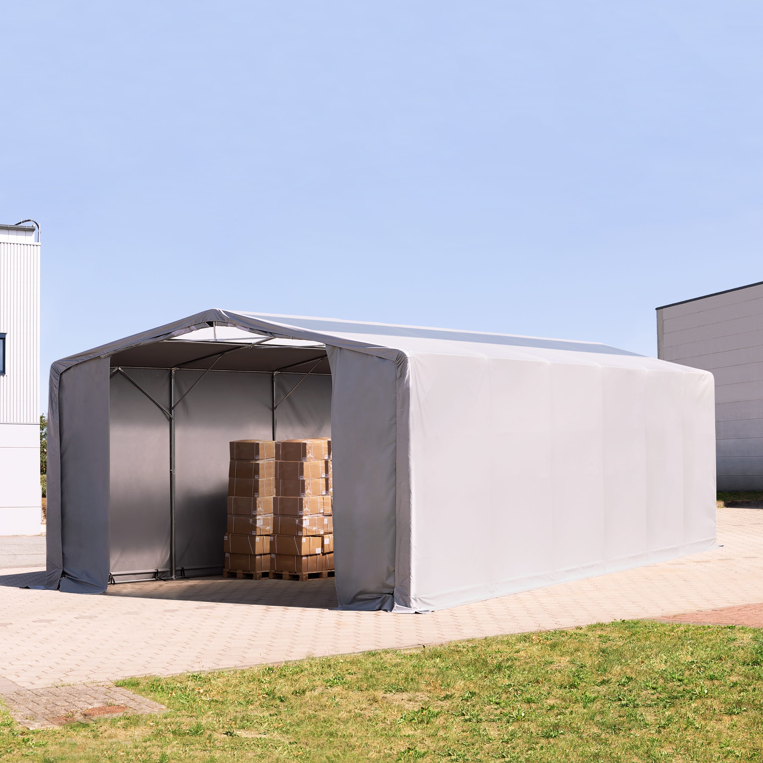 8x12m Zelthalle, PRIMEtex-Plane, grau, mit Statik (Erduntergrund) - (93999) Image