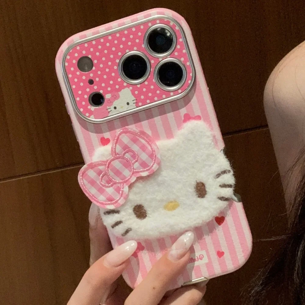 Große Fensterstruktur Hello Kitty Handyhülle für iPhone 17 16 Pro 15 14 13 Pro Max, stoßfeste Hartlederhülle mit Umhängeband