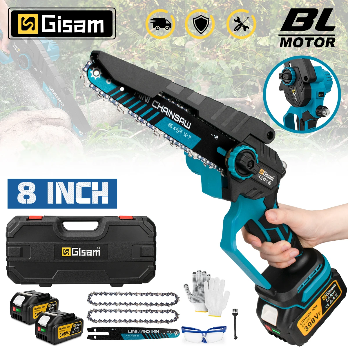 Gisam 8-Zoll Bürstenlose Elektrische Kettensäge Kabellose Holzbearbeitungs-Kettensäge Holzfäller-Schneidemaschine Elektrowerkzeug für Makita 18V Akku Image