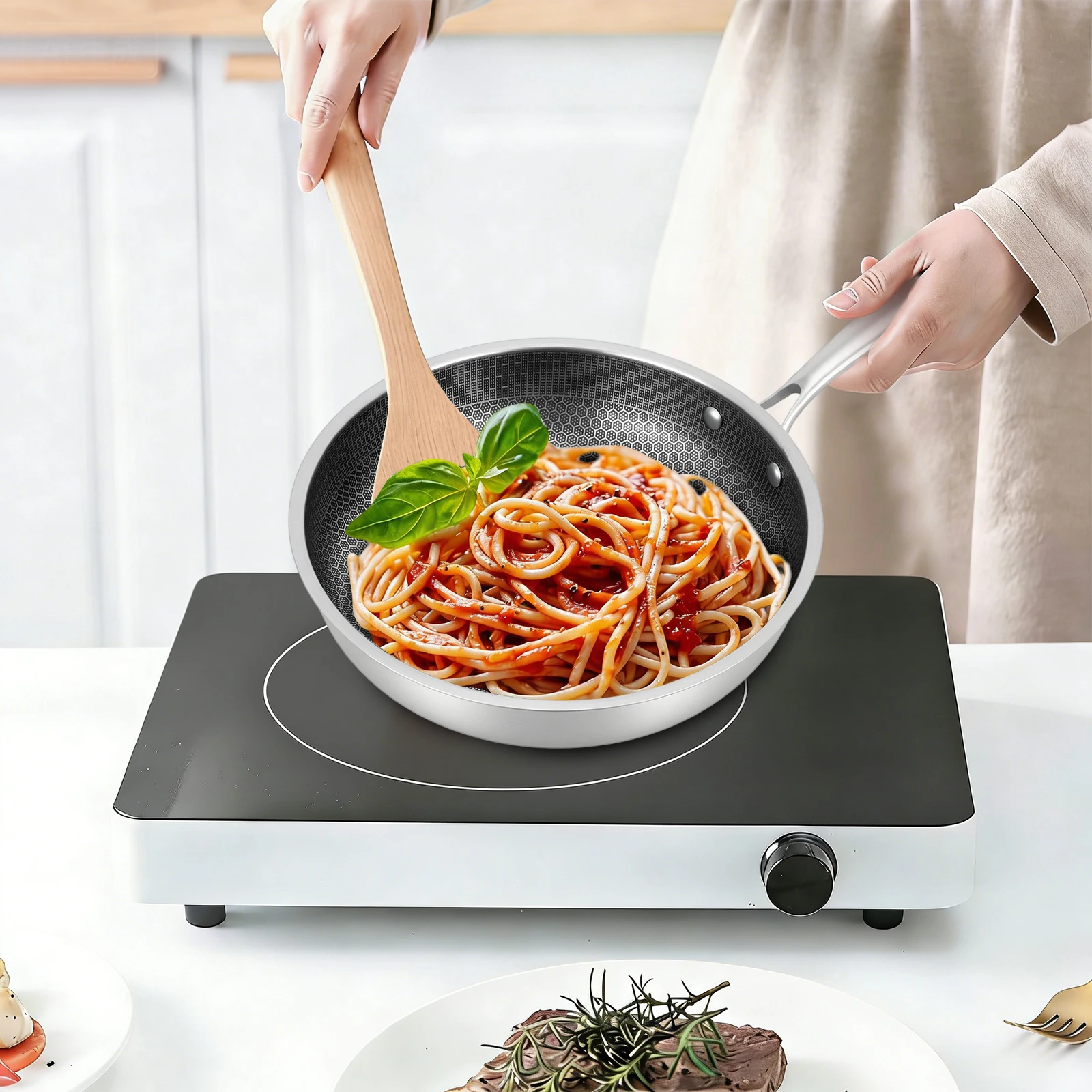 28cm Edelstahl-Bratpfanne Antihaftbeschichteter Topf mit Wabenmuster und Hitzebeständigem Griff für Gebratenes Steak Image