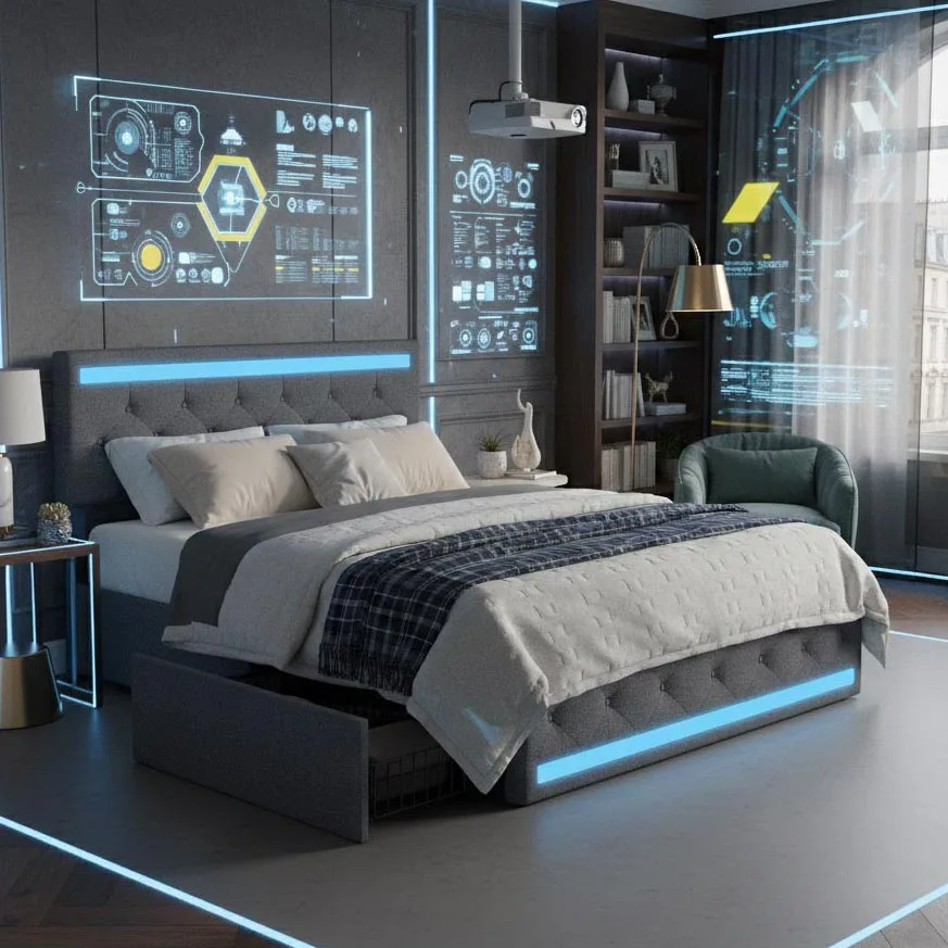 Doppelbett in Stoffausführung, dunkelgrau, mit Nachttisch-Lichtleiste + langem USB-Anschluss + Lichtleiste am Fußende des Bettes, komplett ausgestattet Image