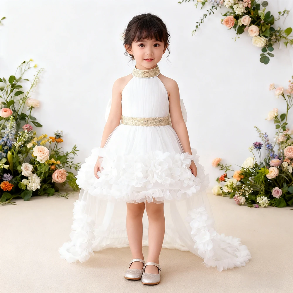Blumenmädchen Schwanz Hochzeitskleid Weißes Kleid für Mädchen Taufkostüm Kinder Big Bowknot Abendkleid Elegantes Prinzessinnenkleid
