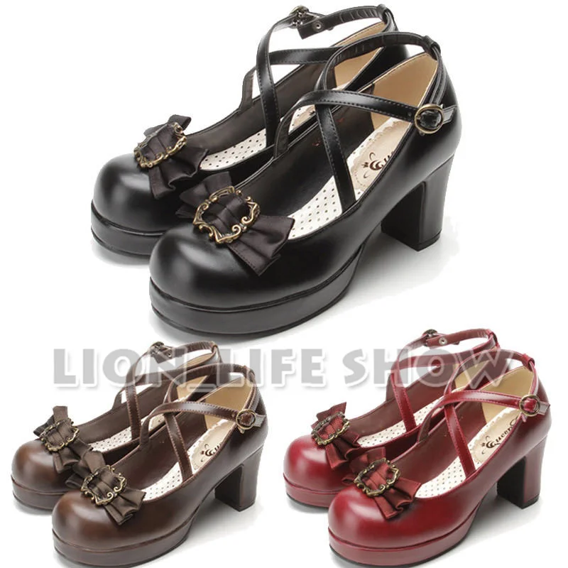 Japanischen Retro Gothic Hohe Ferse PU Lolita Schuhe Cosplay Kostüm Schuhe Bowtie Pumpe