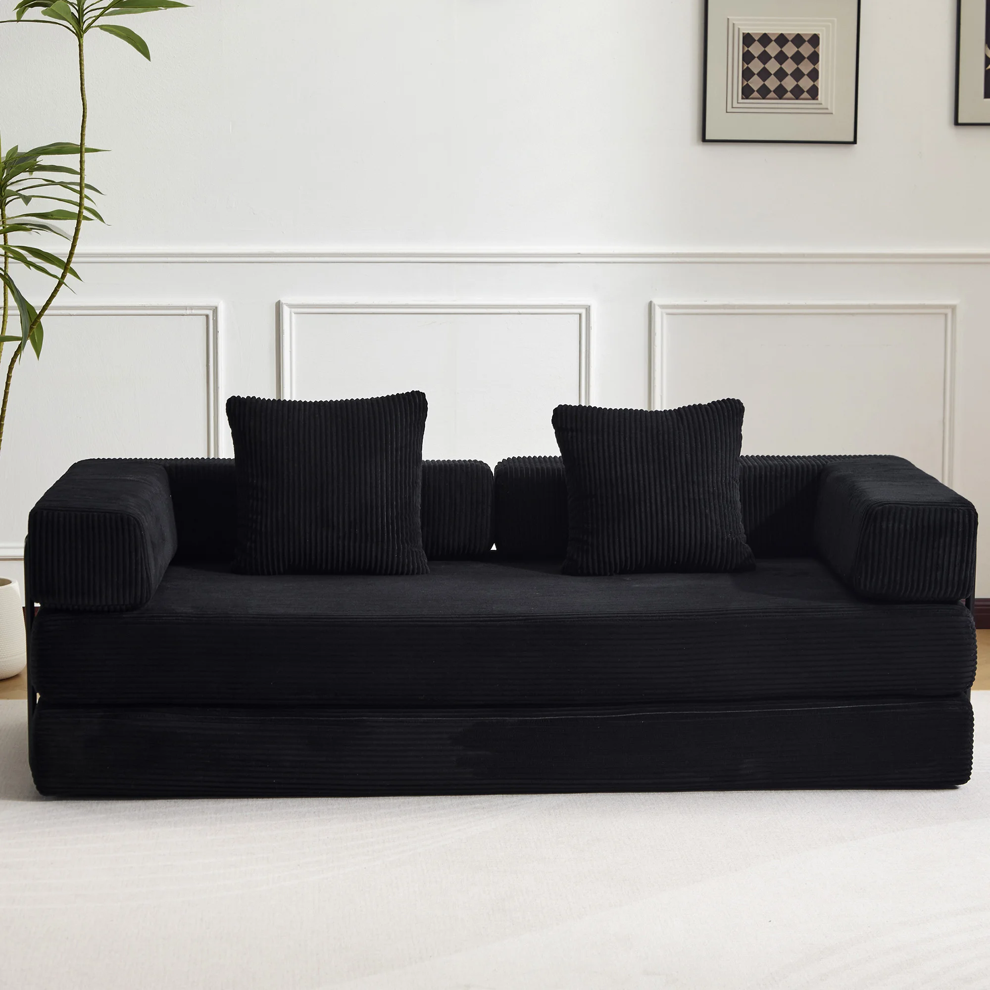 Schwarzes Cord-Komprimierbares Schlafsofa, 3-in-1 Faltbares Bodensofa ohne Montage, Weiches Zweisitzer-Sofa für Wohnzimmer