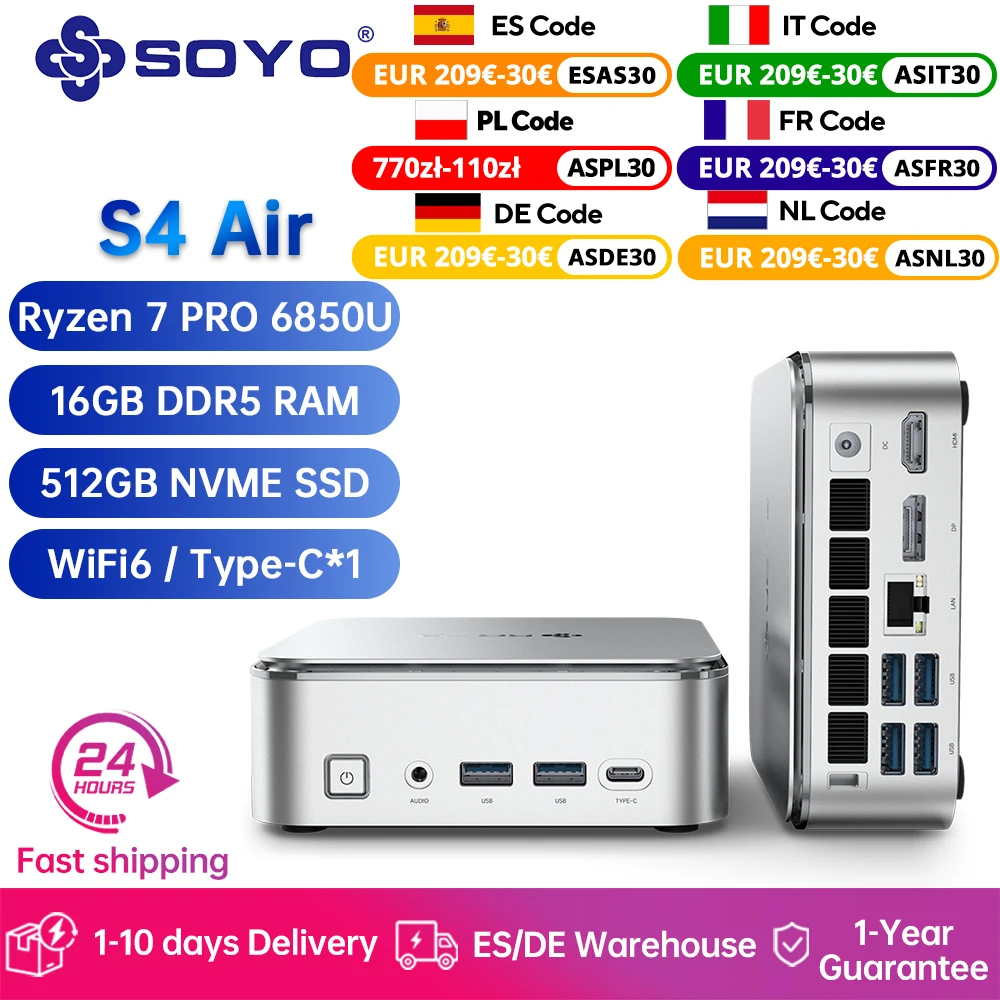 SOYO S4 Air Mini PC Gaming Computer AMD R7-6850U CPU 16 GB DDR5 512 GB SSD NVME PCIE3.0 Window 11 Pro WiFi6/BT5.2 Mini-Computer Image