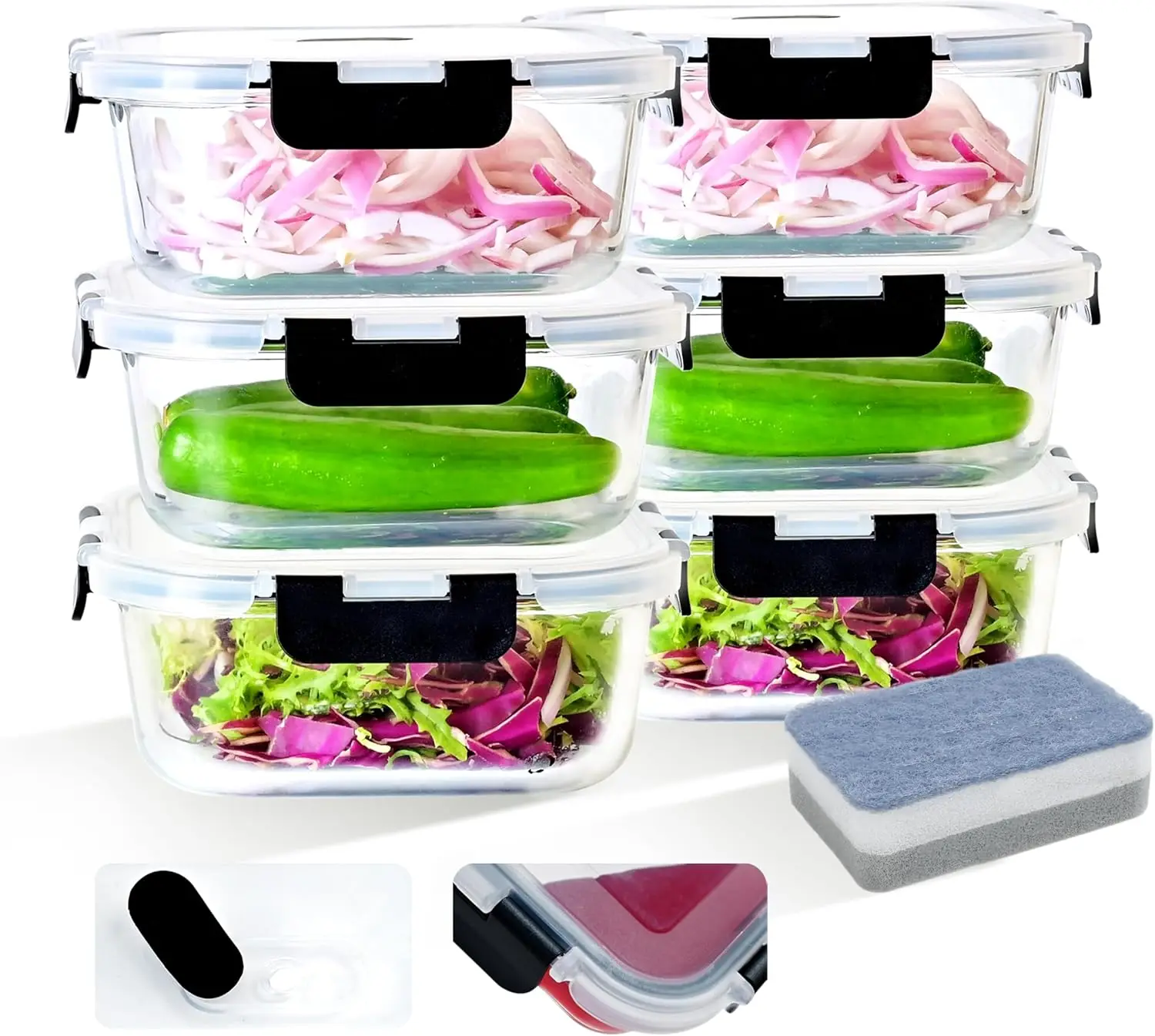 6-teiliges Set großer 1200-ml-Glasbehälter mit Deckel, BPA-freie Lebensmittelaufbewahrung und Fleischvorbereitungsbehälter mit luftdichten Deckeln Image