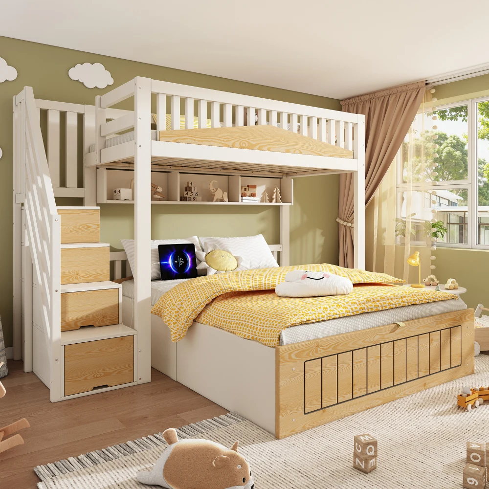 Modernes Mehrbett-Holz-Etagenbett für Familien 90x200&140x200cm mit Hydraulischem Stauraum USB-C-Ladefunktion Ohne Matratze