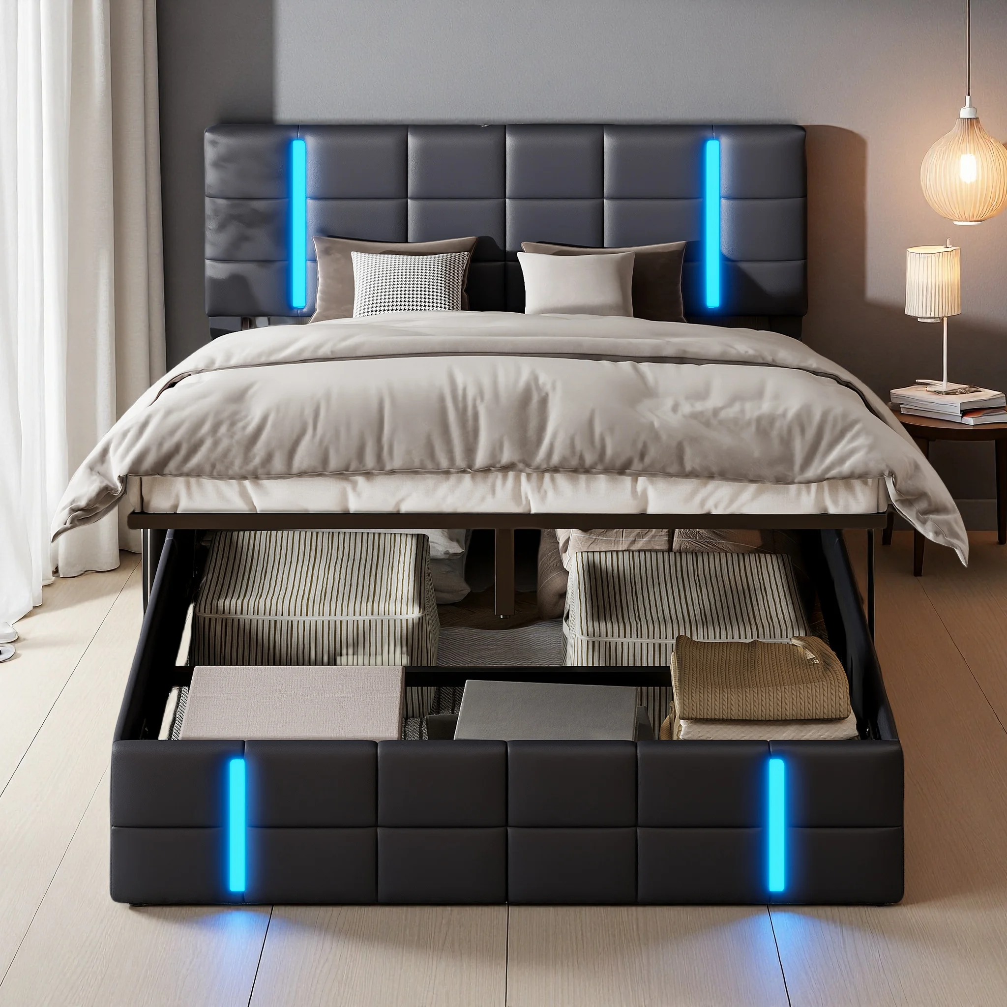 Comanlai Gepolstertes Doppelbett mit LED und USB, Jugendbett mit Kopfteil, Hydraulisches Bett, Bettgestell mit Lattenrost, PU Schwarz Image