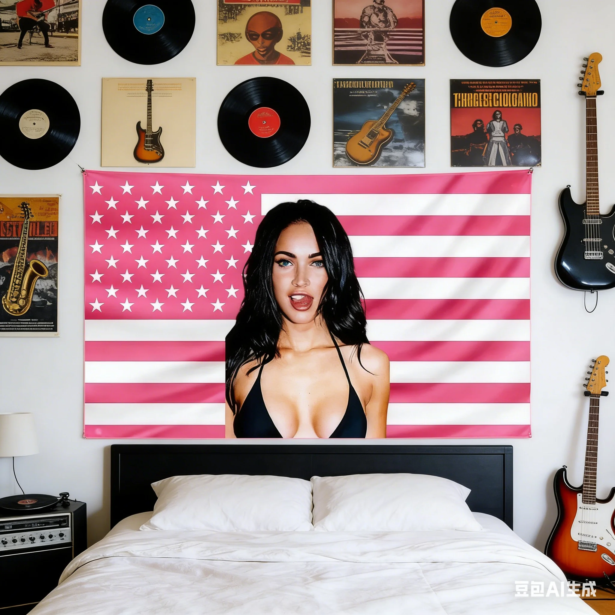 1 Stück Megan Fox USA-Flaggen-Collage Wandteppich Polyester 2D-Druck Wandkunst für Schlafzimmer Wohnzimmer Ästhetische Dekoration Prominenten-Fan-Geschenk Image