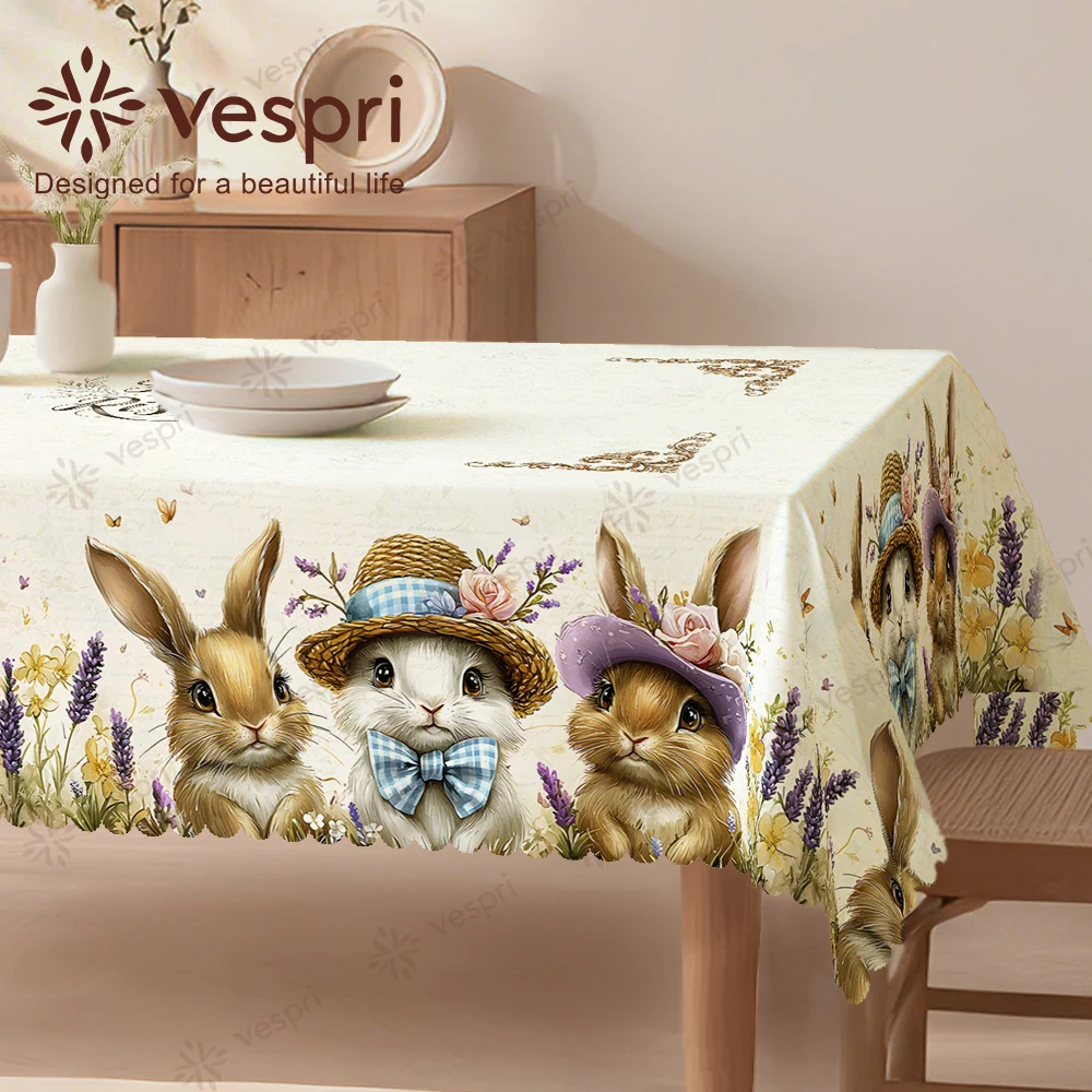 Vespri Oster-Tischdecke Weiß-Lila mit Hasen und Schmetterlingen, Lavendel Runde und Rechteckige Tischdecken für Party und Festlichkeiten Image