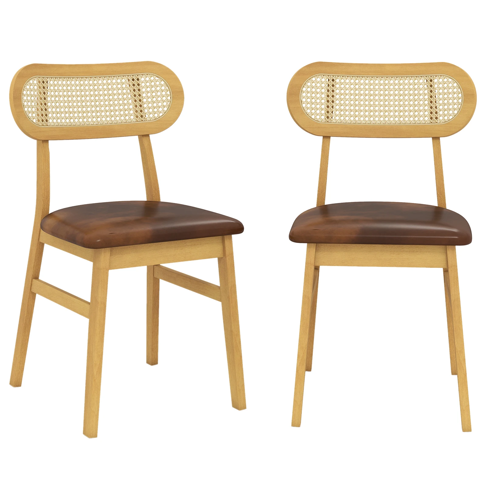 Set aus 2 Holz-Esszimmerstühlen mit gepolstertem Sitz, Kunstlederbezug und Rattan-Rückenlehne, 2 Freizeitstühlen Image