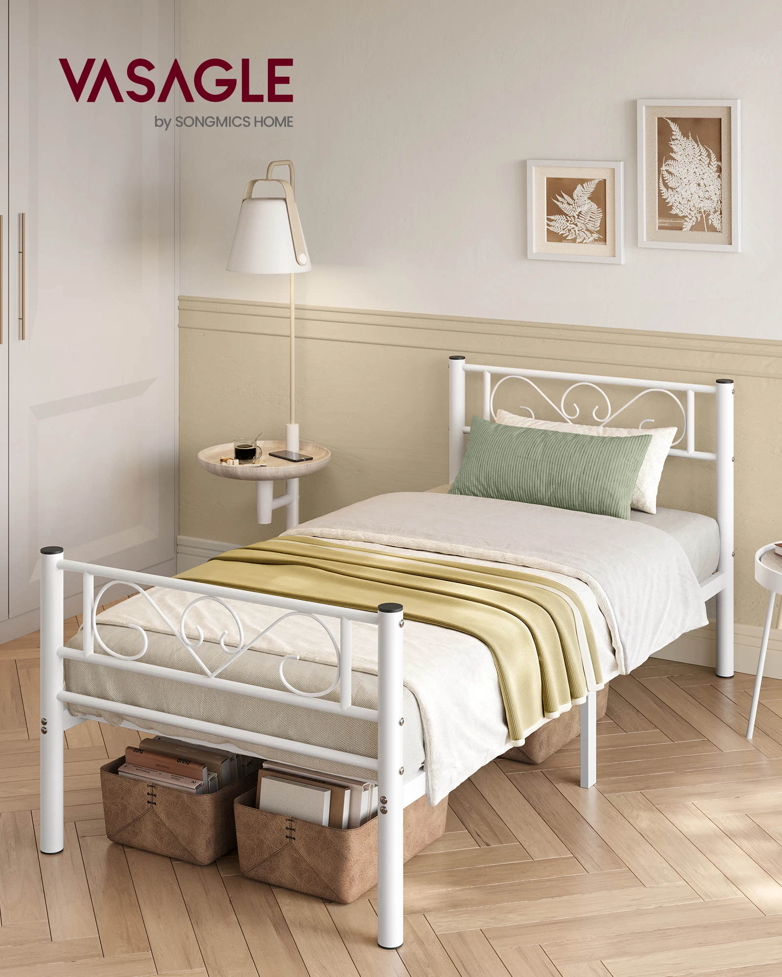 VASAGLE Bett 90 x 200 cm, Gästebett, Einzelbett aus Metall, Bettgestell, Bettrahmen, Metallbett, einfache Montage Image