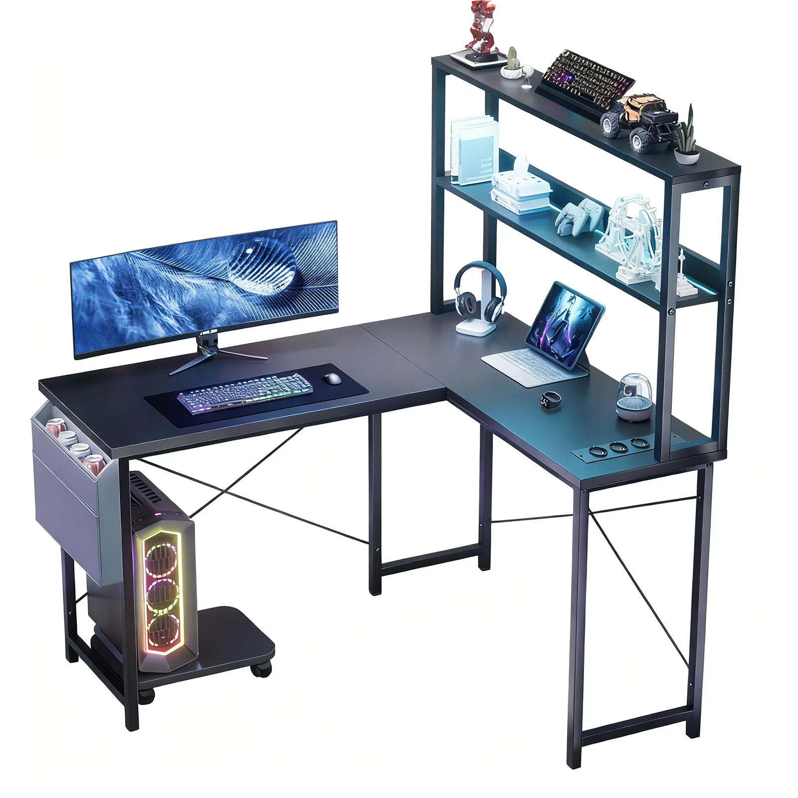 148cm L-förmiger Gaming Schreibtisch mit Regal & RGB LED Beleuchtung, Eckschreibtisch Computertisch, Integrierter Steckdose Image