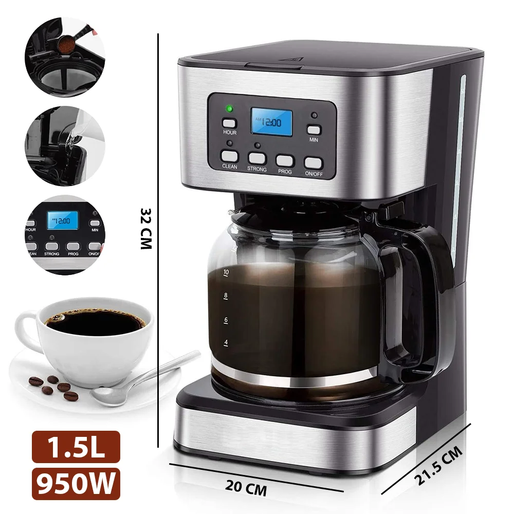 Kaffeemaschine mit Timer, America Drip Coffee Machine, 900 ml Glas-Teekanne, 950 W 1,5 l Filterkaffeemaschine Anti-Tropf, sichtbares Wasser