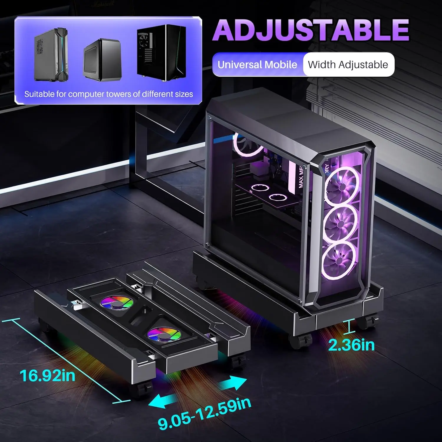 Verstellbarer Computer-CPU-Halter Teleskopischer Desktop-Ständer CPU-Wagen mit RGB-Kühlerlüfter und Beleuchtung Unter-Tisch Mobiler PC-Tower-Ständer Image